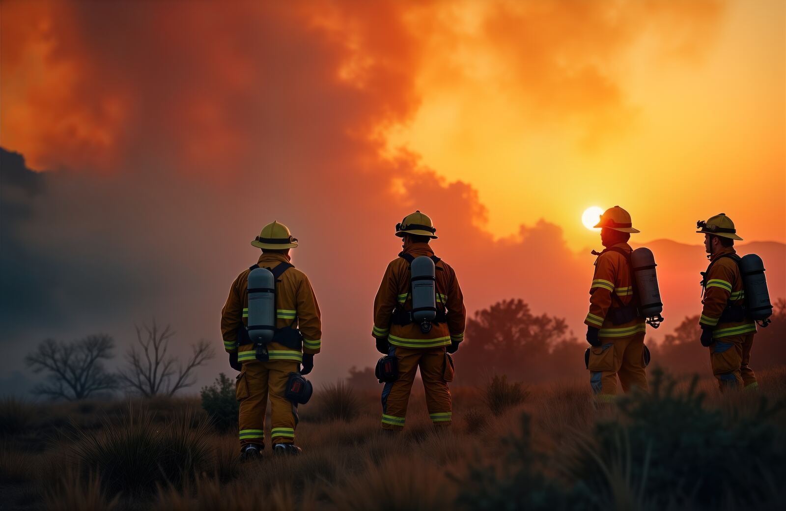 A wildfire crew holding a line at sunset