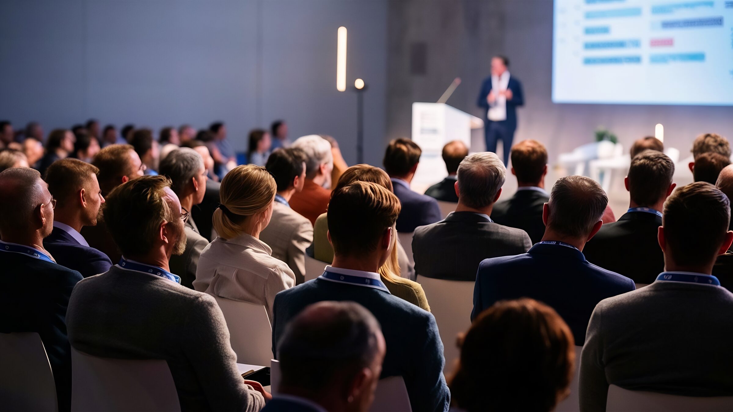An audience listening to a speaker at a conference